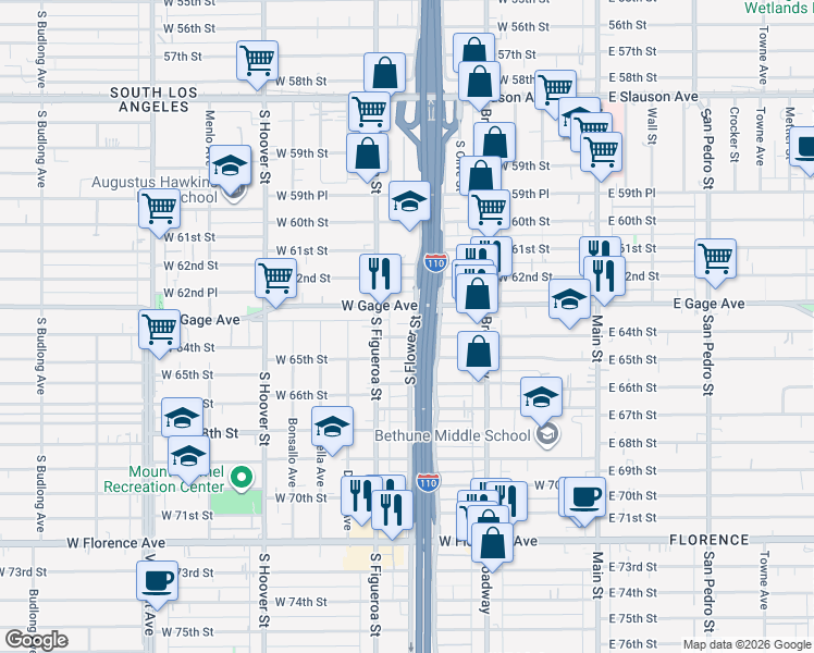 map of restaurants, bars, coffee shops, grocery stores, and more near 426 West 63rd Place in Los Angeles