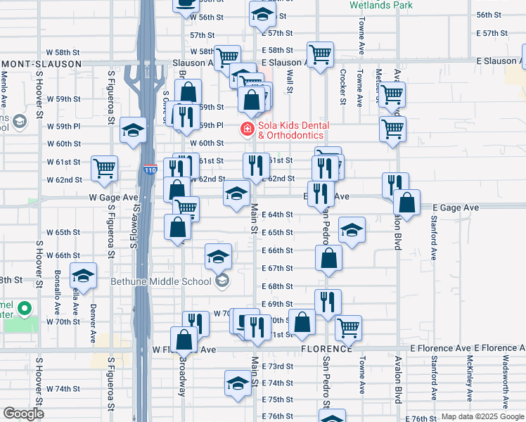 map of restaurants, bars, coffee shops, grocery stores, and more near 6414 South Main Street in Los Angeles