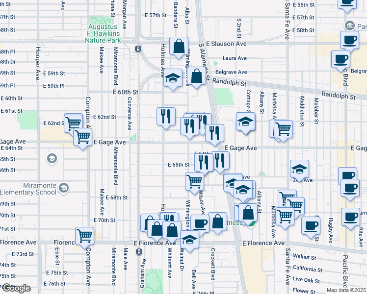 map of restaurants, bars, coffee shops, grocery stores, and more near 6401-6499 Wilmington Avenue in Los Angeles