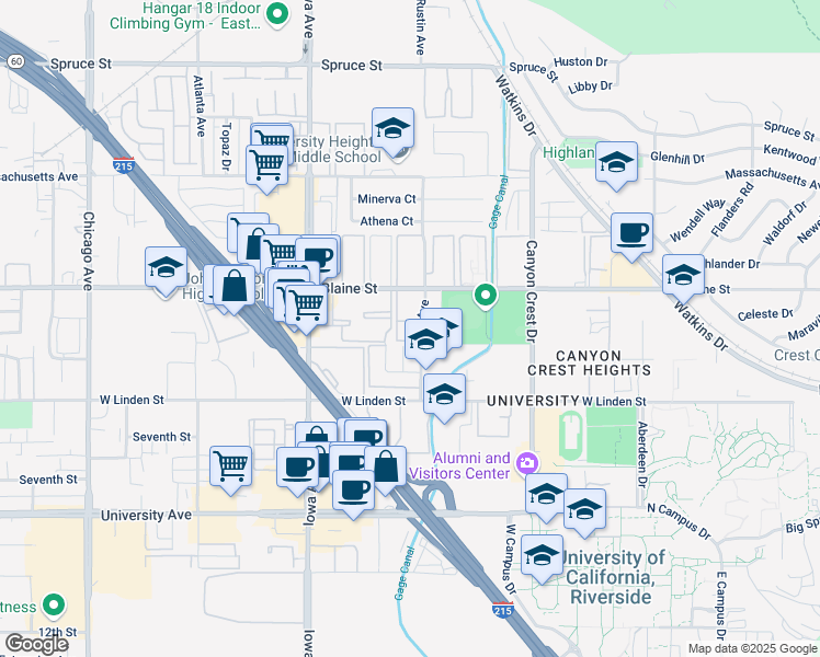 map of restaurants, bars, coffee shops, grocery stores, and more near 3411 Rustin Avenue in Riverside