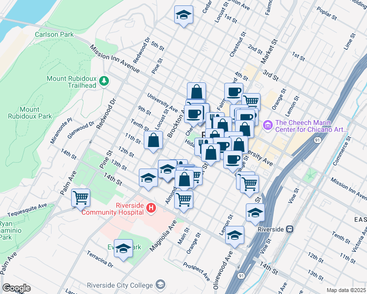 map of restaurants, bars, coffee shops, grocery stores, and more near 4046 Chestnut Street in Riverside