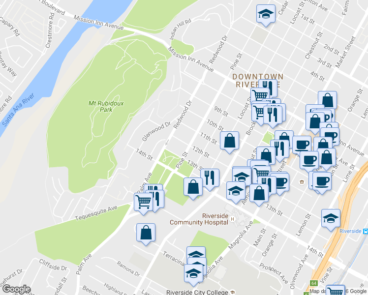 map of restaurants, bars, coffee shops, grocery stores, and more near 4278 Pine Street in Riverside
