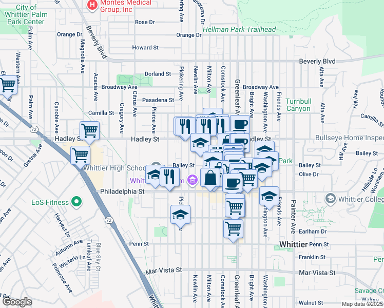 map of restaurants, bars, coffee shops, grocery stores, and more near 6553 Newlin Avenue in Whittier