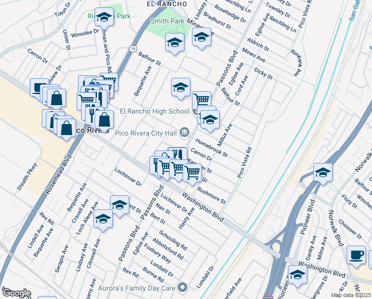 map of restaurants, bars, coffee shops, grocery stores, and more near 6715 Passons Boulevard in Pico Rivera