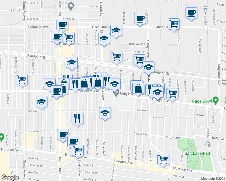 map of restaurants, bars, coffee shops, grocery stores, and more near 2880 East Gage Avenue in Huntington Park
