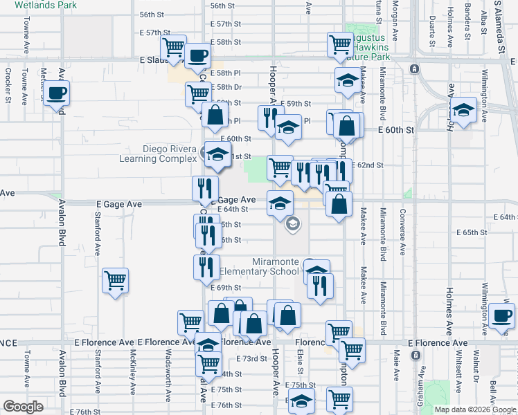 map of restaurants, bars, coffee shops, grocery stores, and more near 1247 East 65th Street in Los Angeles