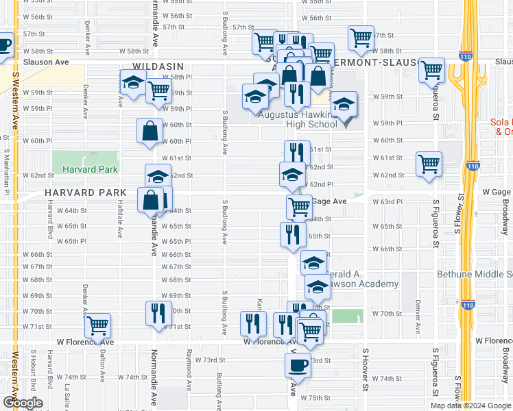 map of restaurants, bars, coffee shops, grocery stores, and more near 1120 West 64th Street in Los Angeles