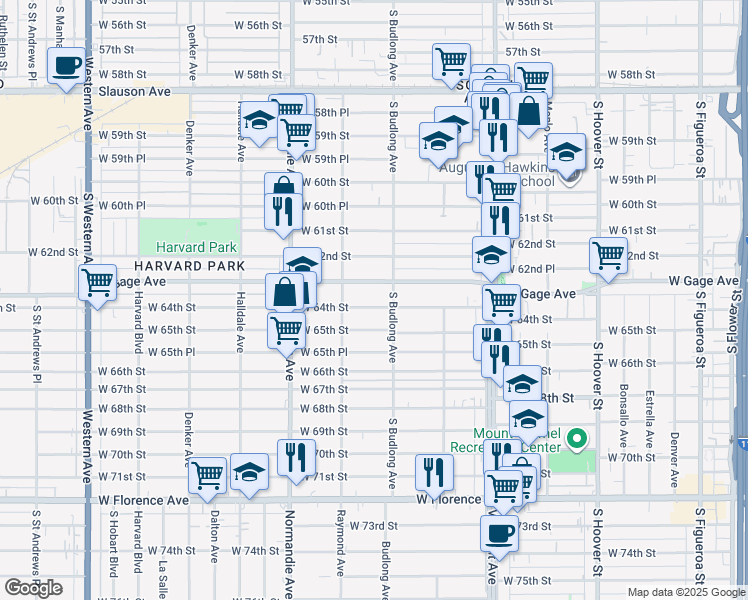 map of restaurants, bars, coffee shops, grocery stores, and more near 6415 South Budlong Avenue in Los Angeles