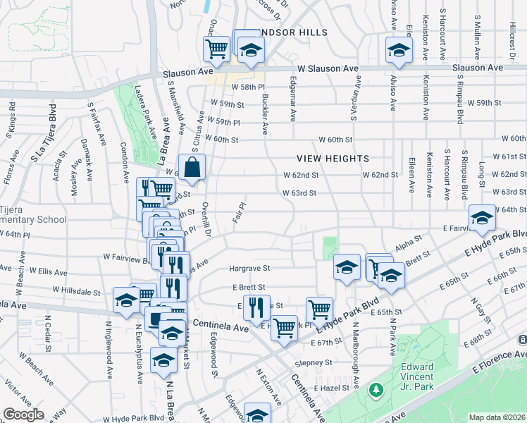 map of restaurants, bars, coffee shops, grocery stores, and more near 525 East Fairview Boulevard in Inglewood