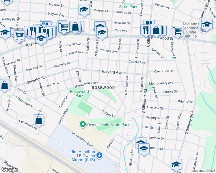 map of restaurants, bars, coffee shops, grocery stores, and more near 731 South Ott Road in Columbia