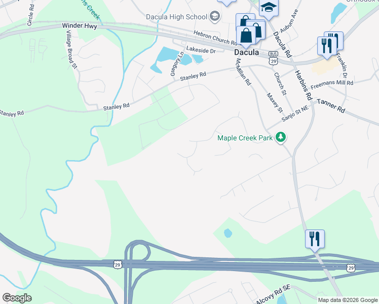 map of restaurants, bars, coffee shops, grocery stores, and more near 2272 Alton Frank Way in Dacula