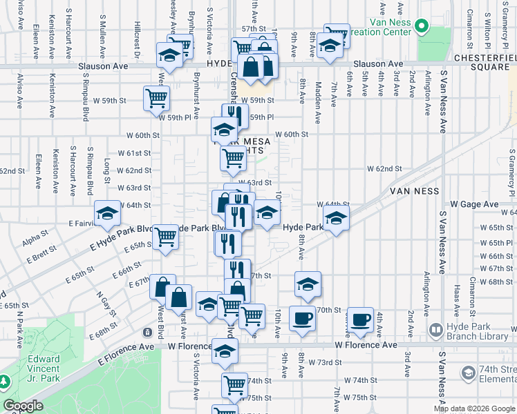 map of restaurants, bars, coffee shops, grocery stores, and more near 6400 11th Avenue in Los Angeles