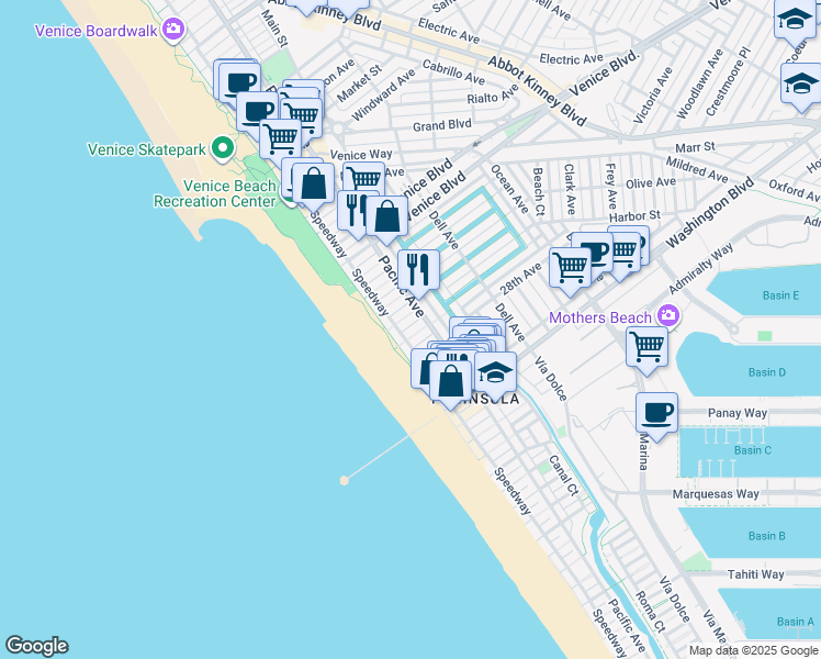 map of restaurants, bars, coffee shops, grocery stores, and more near 21 27th Avenue in Los Angeles