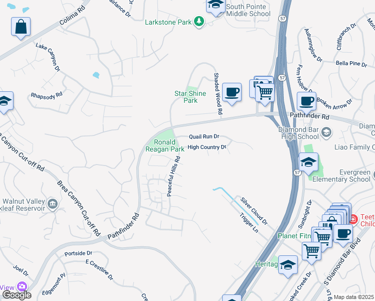 map of restaurants, bars, coffee shops, grocery stores, and more near 20818 High Country Drive in Walnut