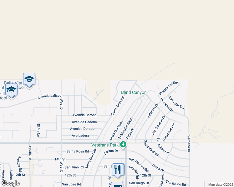 map of restaurants, bars, coffee shops, grocery stores, and more near Calle De Vecinos in Desert Hot Springs