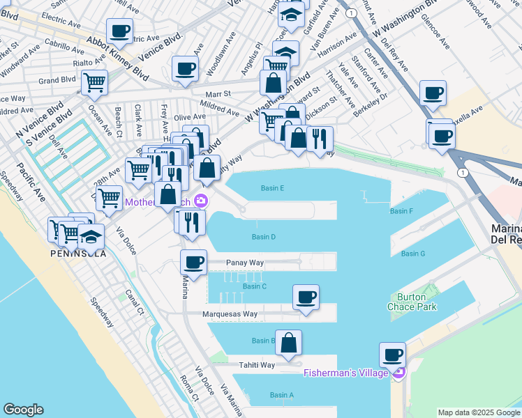 map of restaurants, bars, coffee shops, grocery stores, and more near 14007 Palawan Way in Marina del Rey