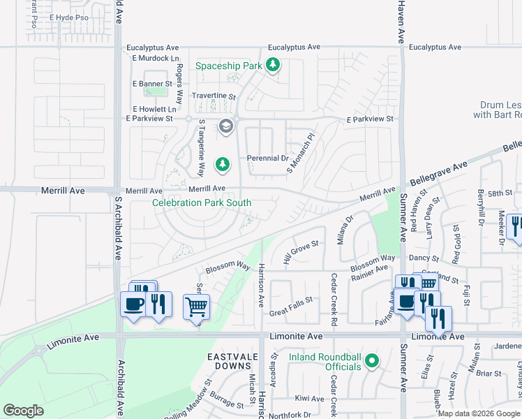 map of restaurants, bars, coffee shops, grocery stores, and more near 3144 East Chip Smith Way in Ontario