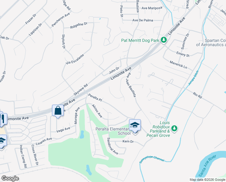 map of restaurants, bars, coffee shops, grocery stores, and more near 7025 Vista Del Verde in Riverside