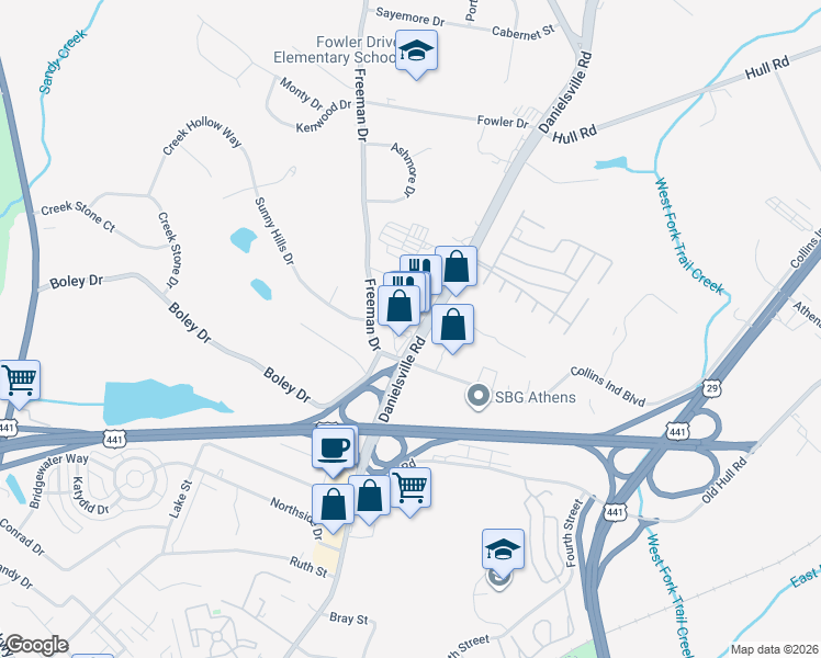map of restaurants, bars, coffee shops, grocery stores, and more near 611 Danielsville Rd in Athens
