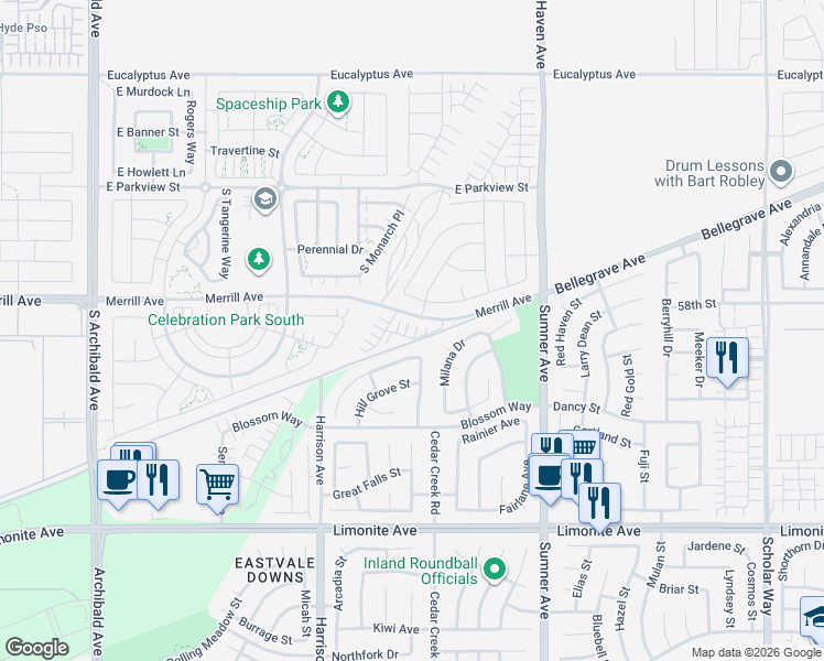 map of restaurants, bars, coffee shops, grocery stores, and more near 3273 Cantona Paseo in Ontario