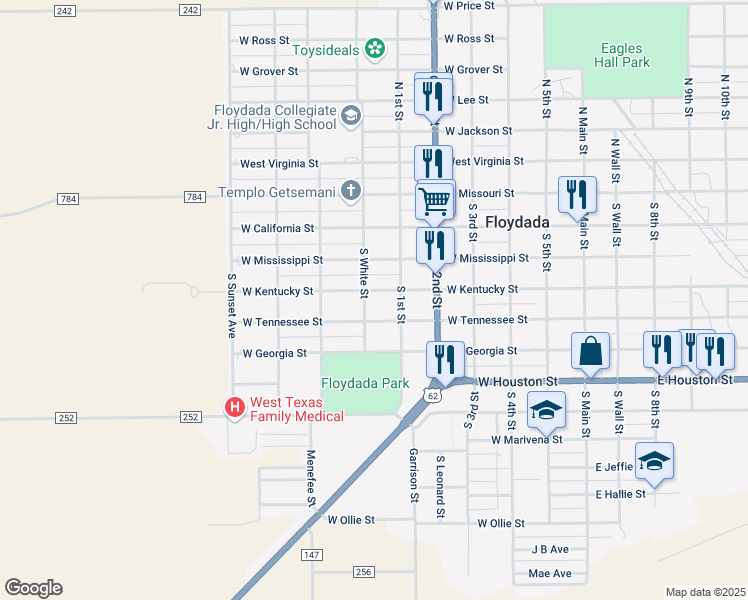 map of restaurants, bars, coffee shops, grocery stores, and more near 700-798 West Tennessee Street in Floydada