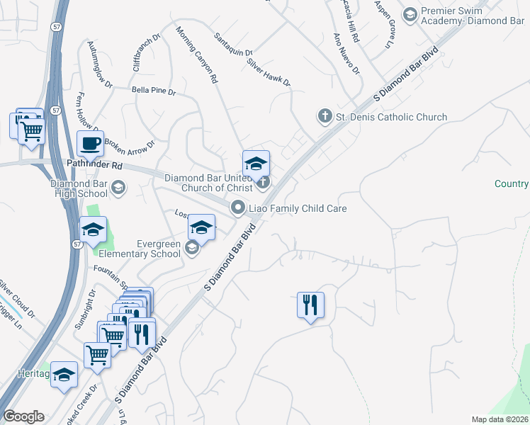 map of restaurants, bars, coffee shops, grocery stores, and more near 2503 Razzak Circle in Diamond Bar