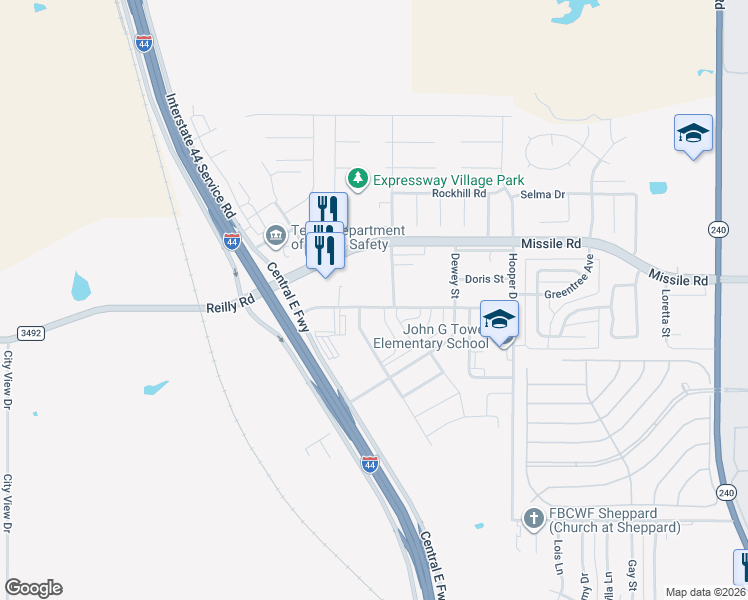 map of restaurants, bars, coffee shops, grocery stores, and more near 2 Bazely Circle in Wichita Falls