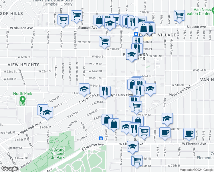 map of restaurants, bars, coffee shops, grocery stores, and more near in Inglewood