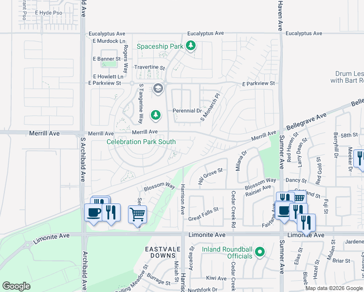 map of restaurants, bars, coffee shops, grocery stores, and more near 3144 East Chip Smith Way in Ontario