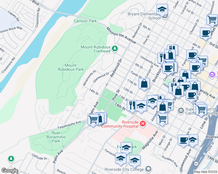 map of restaurants, bars, coffee shops, grocery stores, and more near 4481 13th Street in Riverside