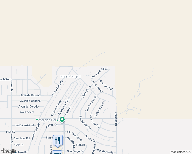 map of restaurants, bars, coffee shops, grocery stores, and more near 9190 Puesta Del Sol in Desert Hot Springs