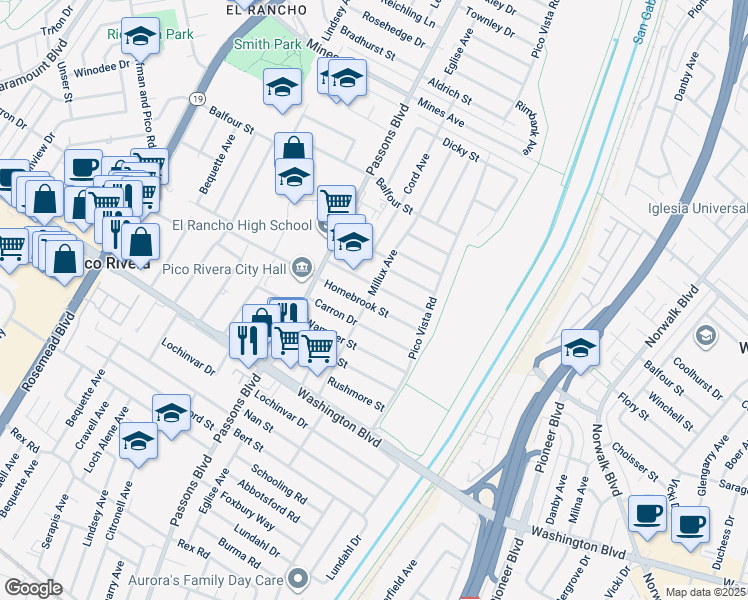 map of restaurants, bars, coffee shops, grocery stores, and more near 9603 Homebrook Street in Pico Rivera