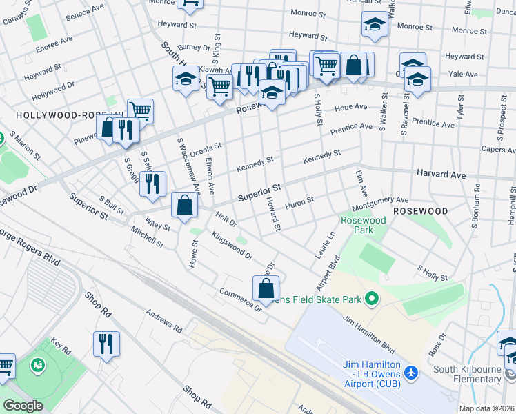 map of restaurants, bars, coffee shops, grocery stores, and more near 621 South Woodrow Street in Columbia