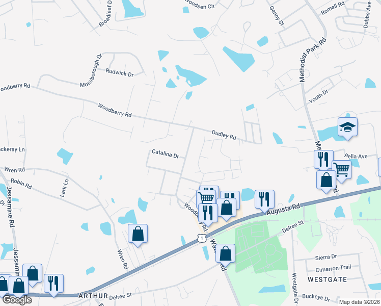 map of restaurants, bars, coffee shops, grocery stores, and more near 520 Woodberry Road in West Columbia