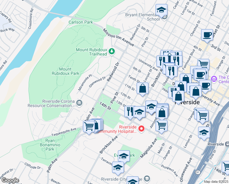 map of restaurants, bars, coffee shops, grocery stores, and more near 4414 12th Street in Riverside