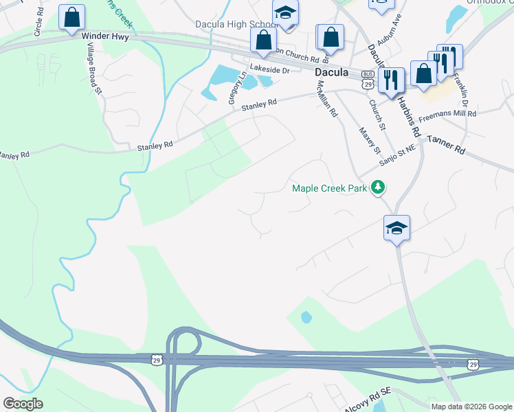 map of restaurants, bars, coffee shops, grocery stores, and more near 2272 Alton Frank Way in Dacula