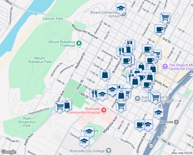 map of restaurants, bars, coffee shops, grocery stores, and more near 2 11th Street in Riverside