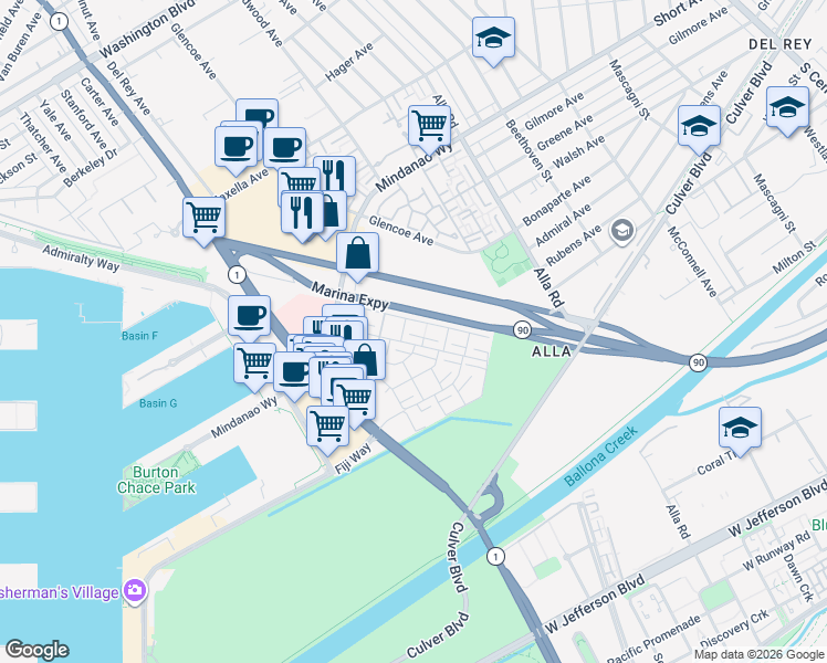 map of restaurants, bars, coffee shops, grocery stores, and more near 4748 La Villa Marina in Marina del Rey