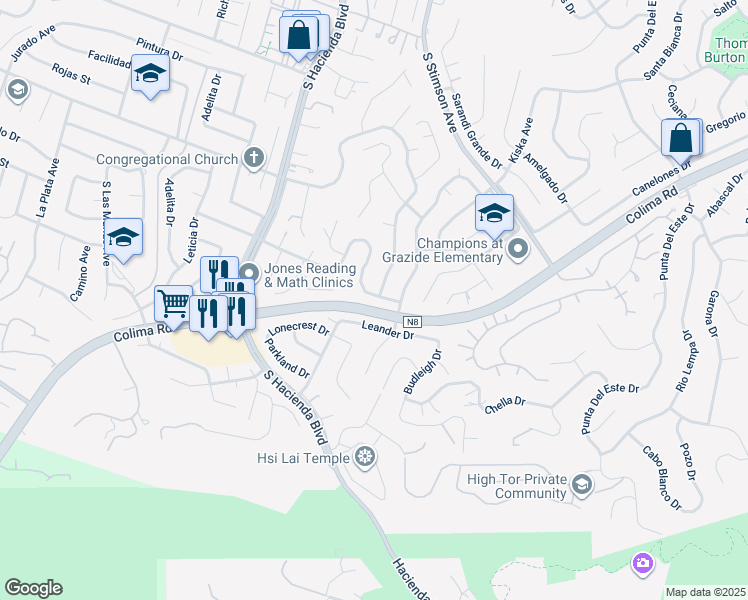 map of restaurants, bars, coffee shops, grocery stores, and more near 15974 Del Prado Drive in Hacienda Heights