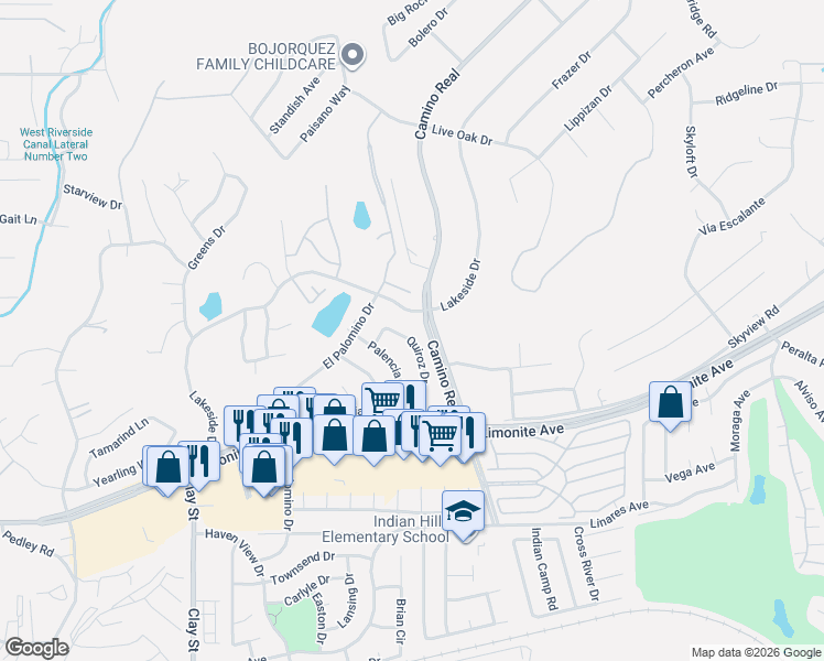 map of restaurants, bars, coffee shops, grocery stores, and more near 5828 Quiroz Drive in Riverside