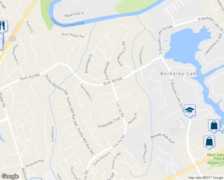 map of restaurants, bars, coffee shops, grocery stores, and more near 4657 Lou Ivy Road in Duluth