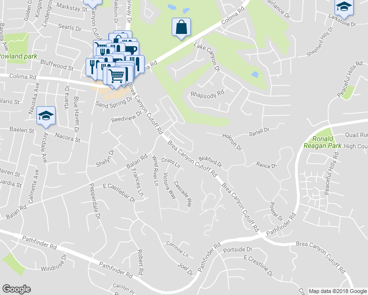 map of restaurants, bars, coffee shops, grocery stores, and more near 2057 Dacian Drive South in Walnut