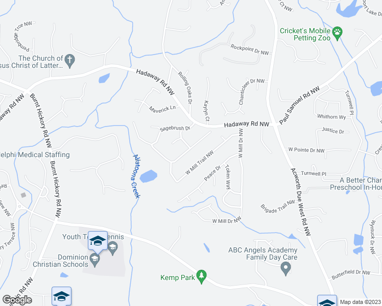 map of restaurants, bars, coffee shops, grocery stores, and more near 4385 Oklahoma Way in Kennesaw