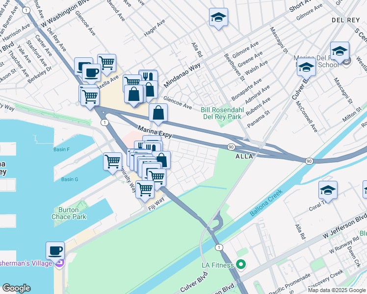 map of restaurants, bars, coffee shops, grocery stores, and more near 4752 La Villa Marina in Marina del Rey
