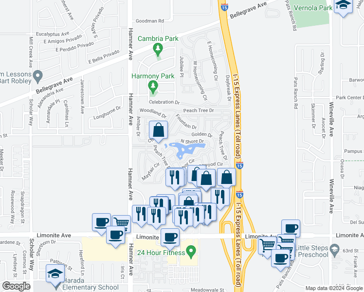 map of restaurants, bars, coffee shops, grocery stores, and more near 559 Edgemont Drive in Eastvale
