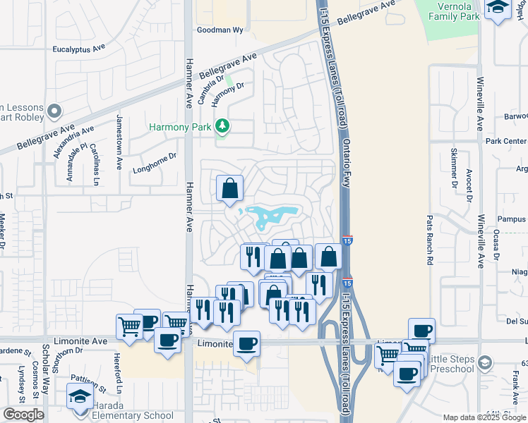 map of restaurants, bars, coffee shops, grocery stores, and more near 5800 Hamner Avenue in Eastvale