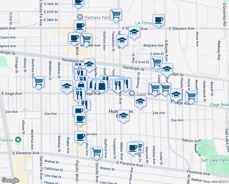 map of restaurants, bars, coffee shops, grocery stores, and more near 6337 Miles Avenue in Huntington Park