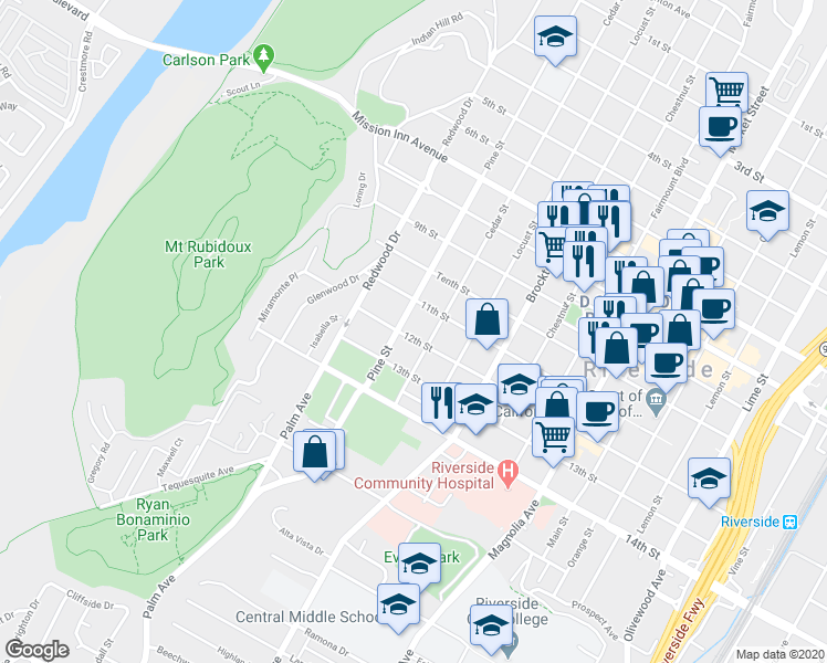 map of restaurants, bars, coffee shops, grocery stores, and more near 4363 12th Street in Riverside