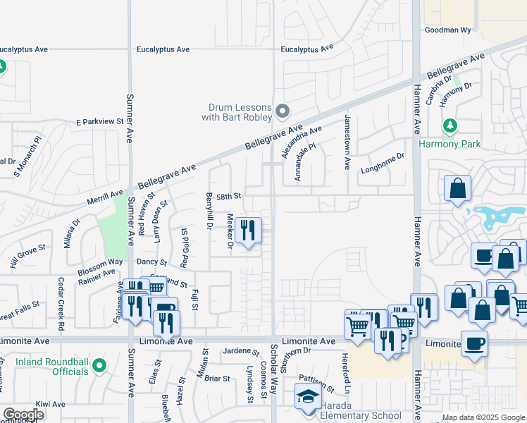 map of restaurants, bars, coffee shops, grocery stores, and more near 5846 Ginger Drive in Corona