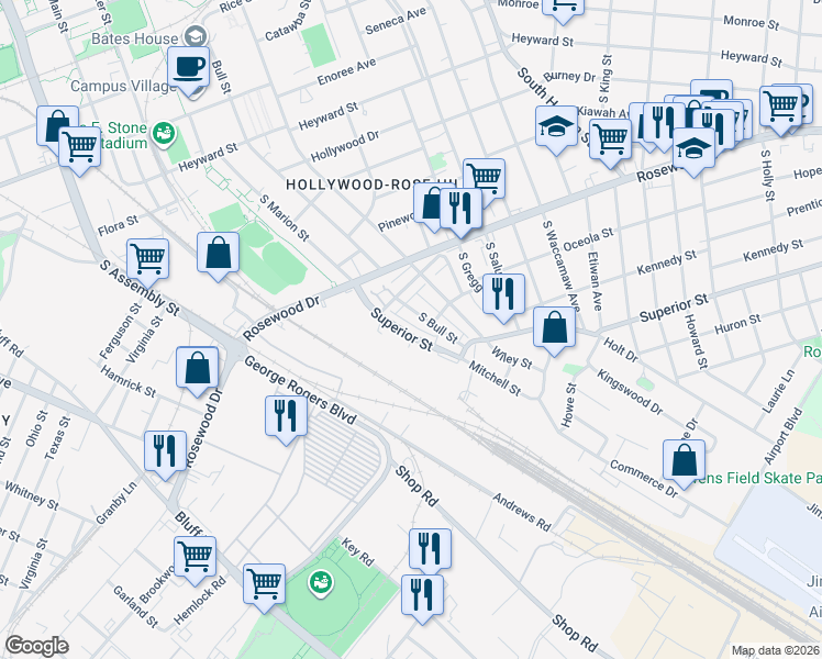 map of restaurants, bars, coffee shops, grocery stores, and more near 572 Superior Street in Columbia